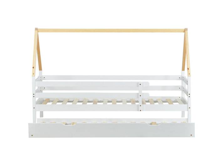 Okwish Kinderbett 90/200 cm Weiß mit naturfarbenem Dachstuhl aus Massivholz, Holz, 90x200 cm, Babymöbel & Kindermöbel, Kinderzimmer & Jugendzimmer, Kinderbetten