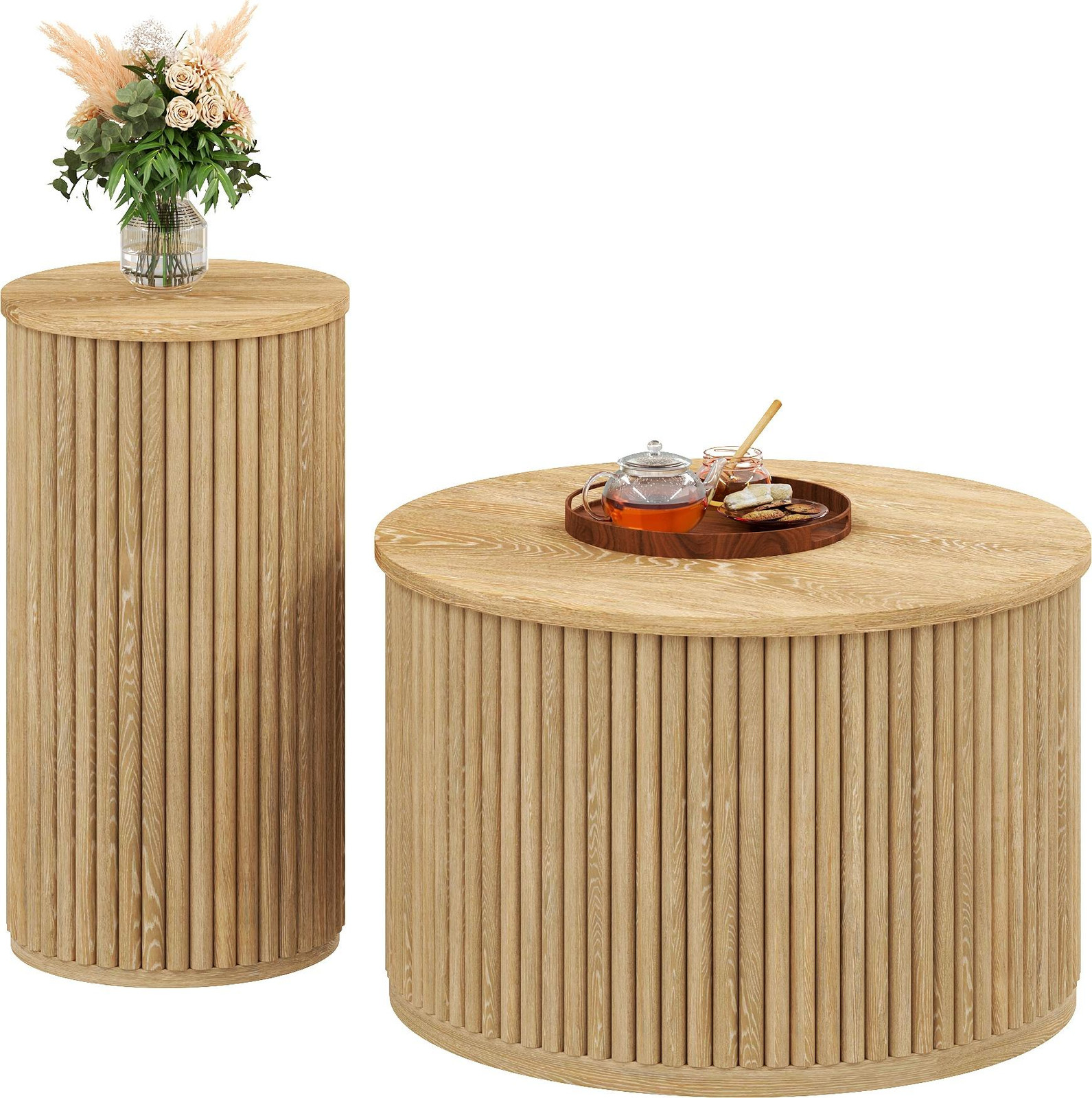 Rolipo multifunctionele moderne salontafel met rundslederen blad en natuurlijke houten latten