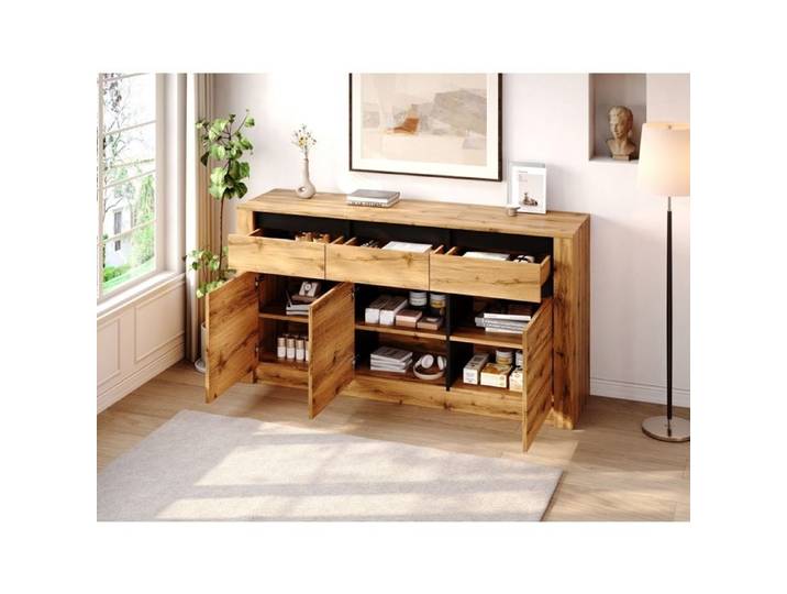 ROVRYN Buffet bas 135 x 35 x 70 cm en panneaux de particules 3 tiroirs 3 portes bois naturel