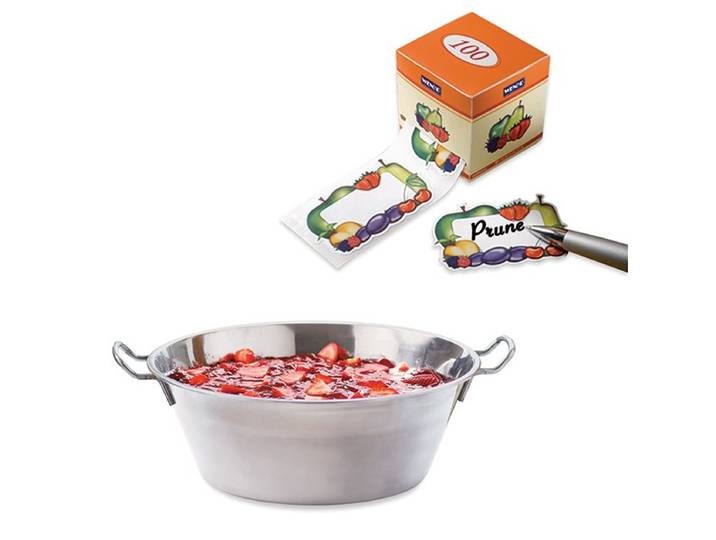 Lot Bassine à confiture 38 cm et 100 étiquettes autocollantes décor fruits