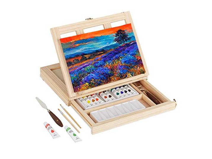 Relaxdays Chevalet Table en Bois\, 19 pièces\, avec Toile\, Palette de Couleurs\, pinceaux\, acryliques et spatules\, réglable
