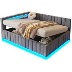 OKWISH Luxuriöses Polsterbett mit Stauraum, LED-Beleuchtung, USB-Anschluss, Samt Lattenrost, modern, komfortabel, robust, platzsparend 140x200 Dunkelgrau
