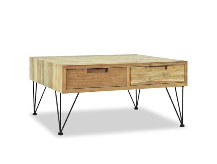 HEFZGDB Massiver Couchtisch aus recyceltem Teakholz 80x80x40 cm mit 2 Schubladen und Schmiedeeisenbeinen, robuster Beistelltisch und Wohnzimmertisch im Kolonialstil, rustikales
