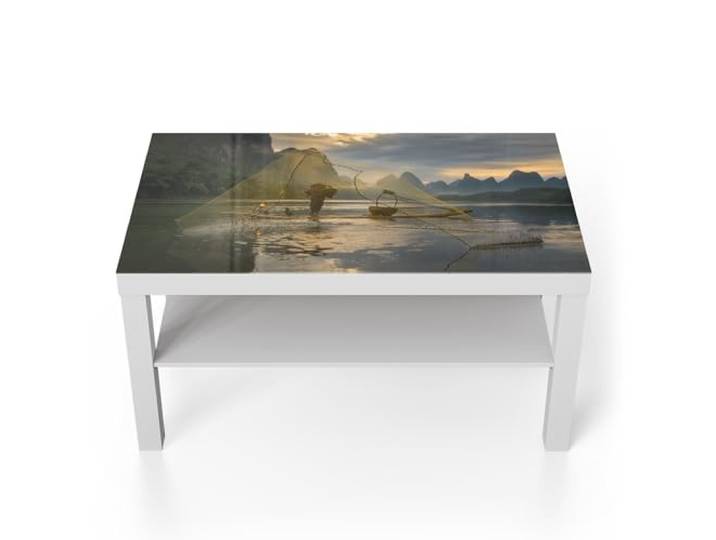 DEQORI Glastisch weiß groß 90x50 cm Motiv Goldener Fang ausgefallener Beistelltisch aus Glas Hochglanz Couchtisch fürs Wohnzimmer moderner Couch Tisch mit Design