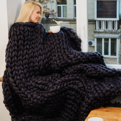 HomeDecorAndMore LLC Handmade Chunky Knit Blanket Black medium 40x47 Inches