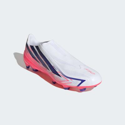 Fußballschuh ADIDAS PERFORMANCE "F50 HYPERFAST LEAGUE, FESTE BÖDEN, OHNE SCHNÜRSENKEL", Herren, Gr. 45, cloud weiß, solar lila, solar turbo, Synthetik, Textil, Schuhe Fußballschuh, Außensohle für Rasen und feste Böden