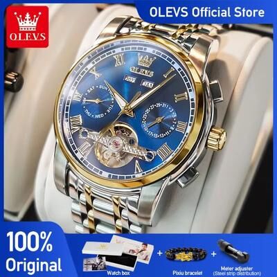 Inspired Finds OLEVS Automatic Mechanical Men's Watch Waterproof Stainless Steel Skeleton Business Wristwatch silver White Face