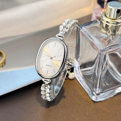 Youfap Market Best selling Elegant Leaf Embedded Diamond Quartz Watch, New Oval Pull Cord Fashion Bracelet silver