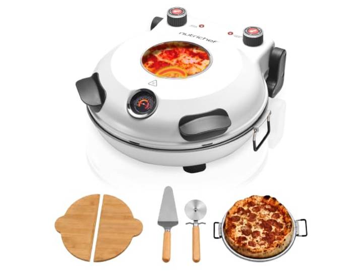 NutriChef Pizzaofen 30,5 cm mit Pizzastein – 430 °C Ober-/Unterhitze, Sichtfenster, Thermometer, Antihaft, Kompakt, Weiß – Knusprige Ergebnisse wie aus dem Steinofen für Zuhause