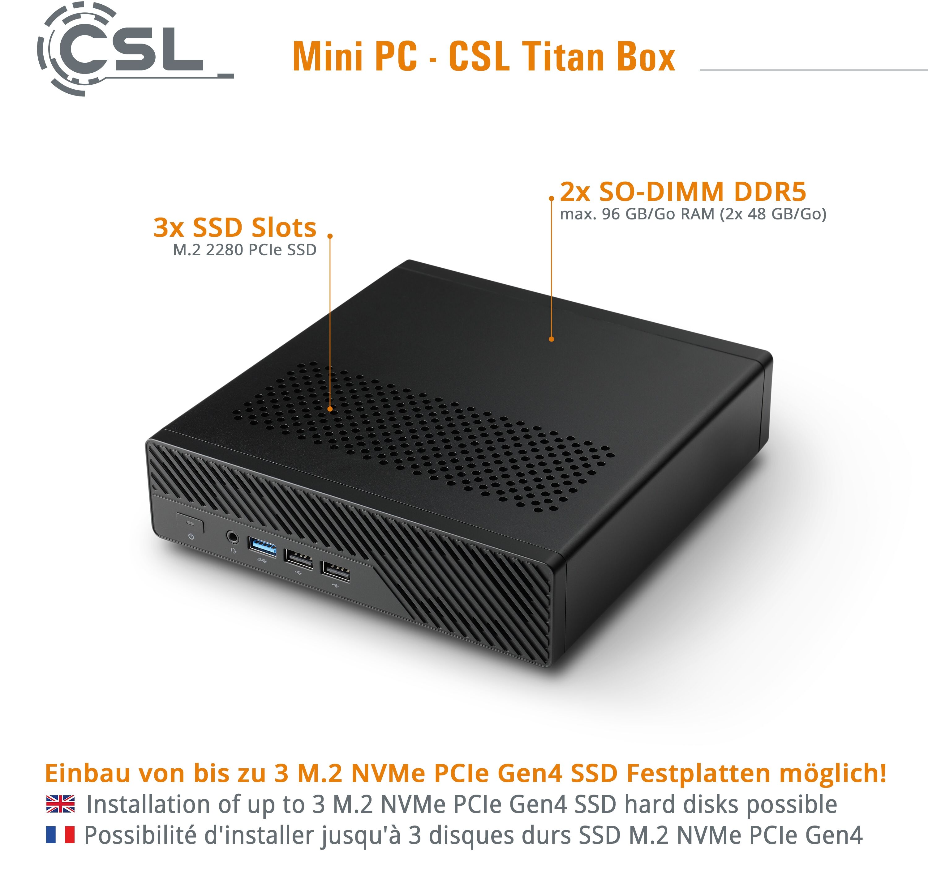 CSL PC "TitanBox i9-12900H", schwarz (grau), Microsoft Windows 11 Home (64 Bit), Core i9, 8 GB RAM 4.000 GB SSD, Desktop-PCs, PC