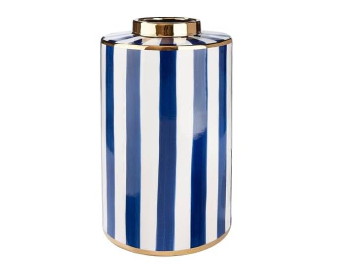 GILDE Vase Elio - Céramique - Cylindrique - Émaillé - Rayé - Bleu/Blanc - Hauteur 40 cm x Ø 20 cm - Patins en Feutre et Vase étanche