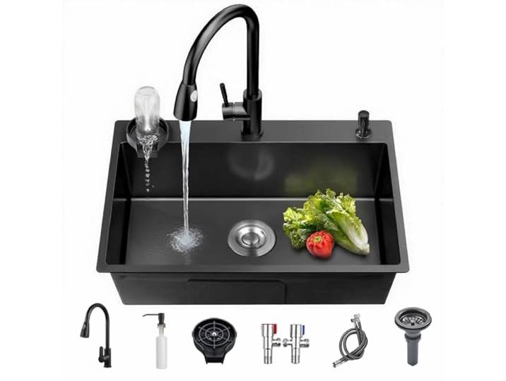 Coubird Küchenspüle Schwarz Edelstahlspüle, Moderne Multifunktions Wasserfall-Spüle, Über-/Unterbauspüle Einzelbecken mit Abfluss-Set、Ausziehbarer Brause (60X45CM)