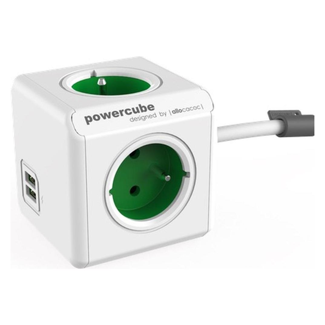 Allocacoc PowerCube Extended, power distribution unit with USB ports, 3 sockets type E, 1.5m, white/green (3x, Typ 13, 1.50 m) (6403GN/BEEUPC)