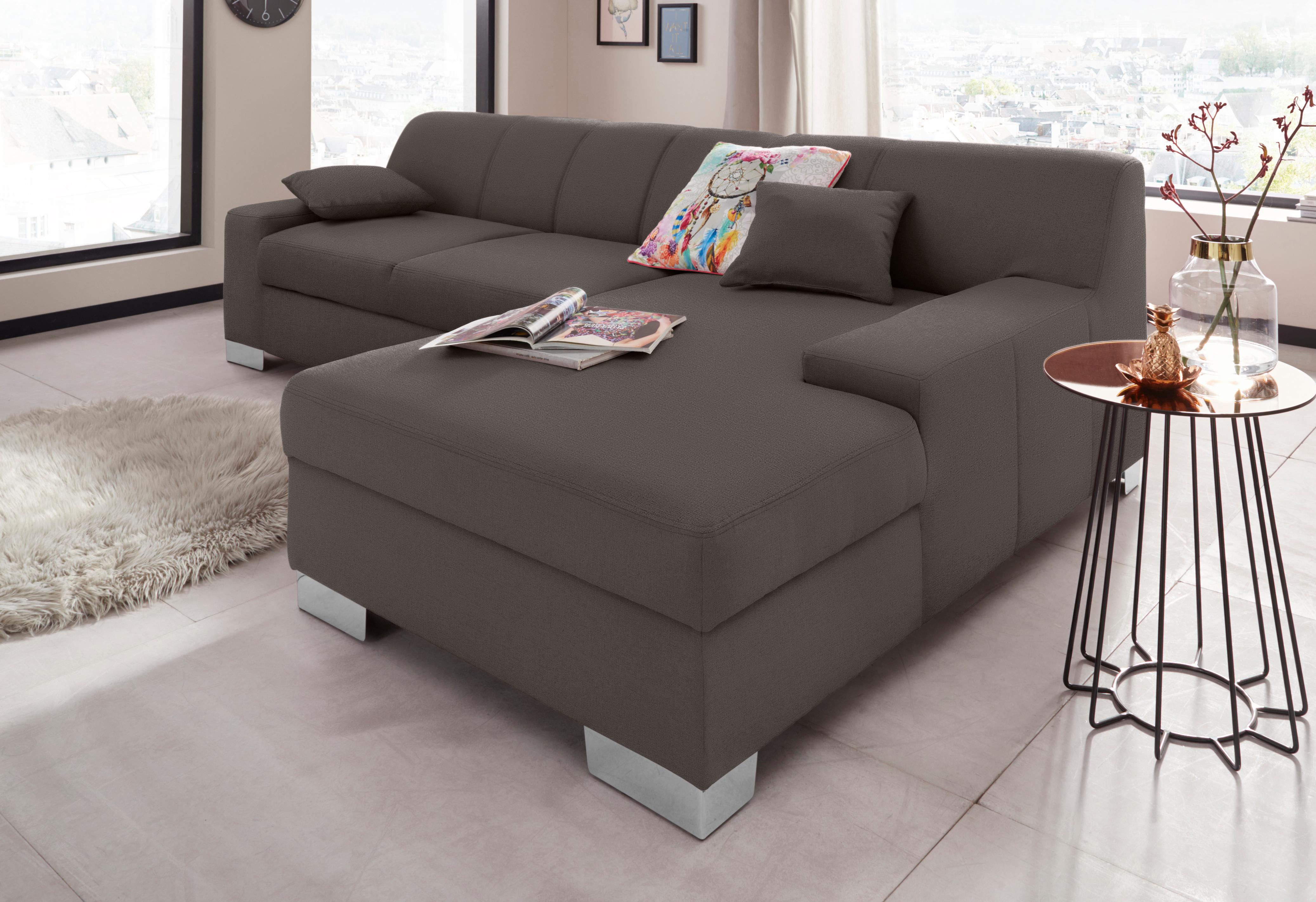 Ecksofa DOMO COLLECTION "Bero, elegant und zeitlos, flache Armlehnen, Breite 268cm L-Form", grau (stone), B:268cm H:74cm T:153cm, Feinstruktur (100% Polyester);Luxus-Microfaser (100% Polyester);Zierkissen: Im jeweiligen Bezugsstoff;Struktur fein (100% Pol