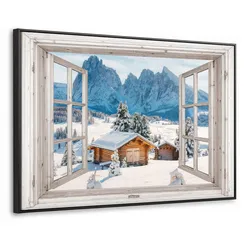 LEINWAND Bilder mit Rahmen - Winterlandschaft - Hütte - Berge - Ausblicke - Aussicht - Natur - 120x80