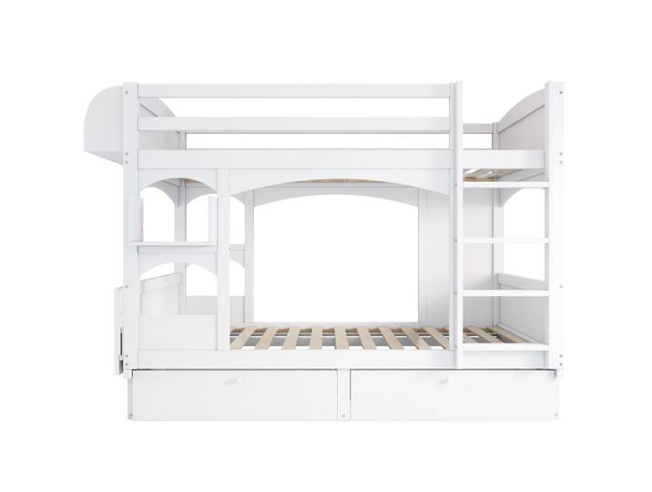 Lit superposé enfant en pin blanc bureau pliable 2 tiroirs 90x200cm