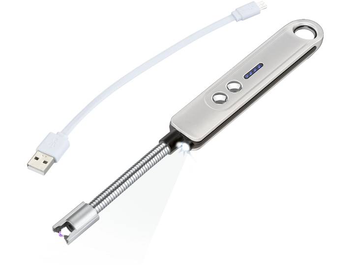 Stabanzünder MAXIMEX LED Lichtbogen-Feuerzeug , silber (silberfarben), B:2,5cm H:22,5cm L:1,5cm, Kunststoff, Feuerzeuge, Stabanzünder, mit elektrischem Anzünder, ohne Gas, Flammen und Nachfüllen