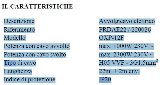 Ribimex Avvolgicavo elettrico automatico 22 mt PRDAE22