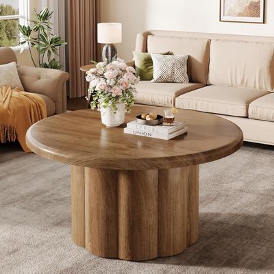 BLUEBELL "31.5"" Round Coffee Table with Fluted Drum Base, Farmhouse Wooden Circle Pedestal Center Table for Living Room"