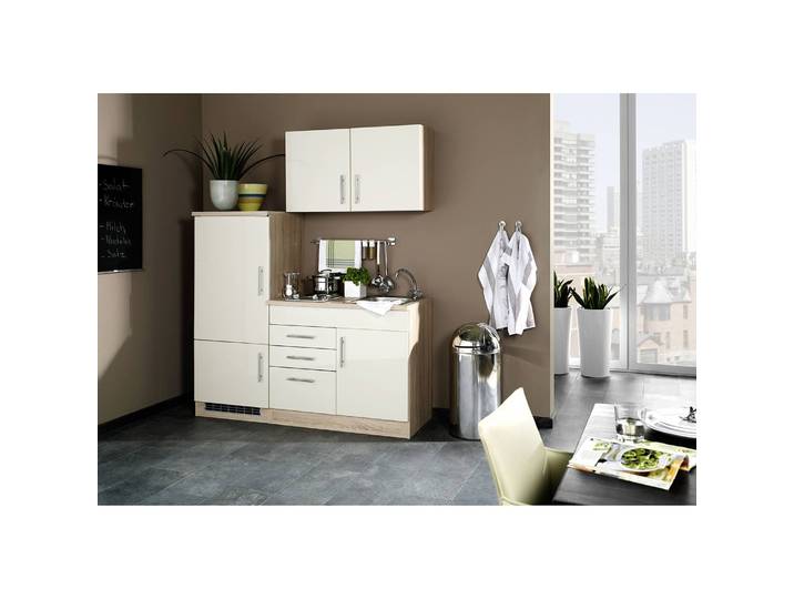 Küchenzeile I 160cm Beige/Hochglanz Crema Kochplatte