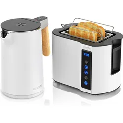 Arendo Frühstücks Set Edelstahl Wasserkocher 1,5l, Temperaturwahl & 2-Scheiben Doppelschlitz Toaster, Weiss, Wasserkocher, Weiss