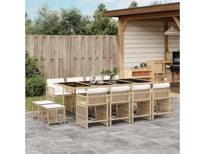 WDGJJFECNMUEHI Résine tressée imperméable Pour terrasse 13 pièces beige Ensemble à manger de jardin 13 pièces beige avec coussins, table en verre trempé, chaises pliables et repose-pieds pour patio