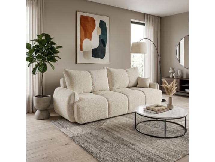 Mebligo LOBINO 3-Sitzer Schlafcouch aus Chenille mit Bettkasten, Schlaffunktion und DL-Automat fürs Wohnzimmer, Couch mit Bettfunktion, Beige