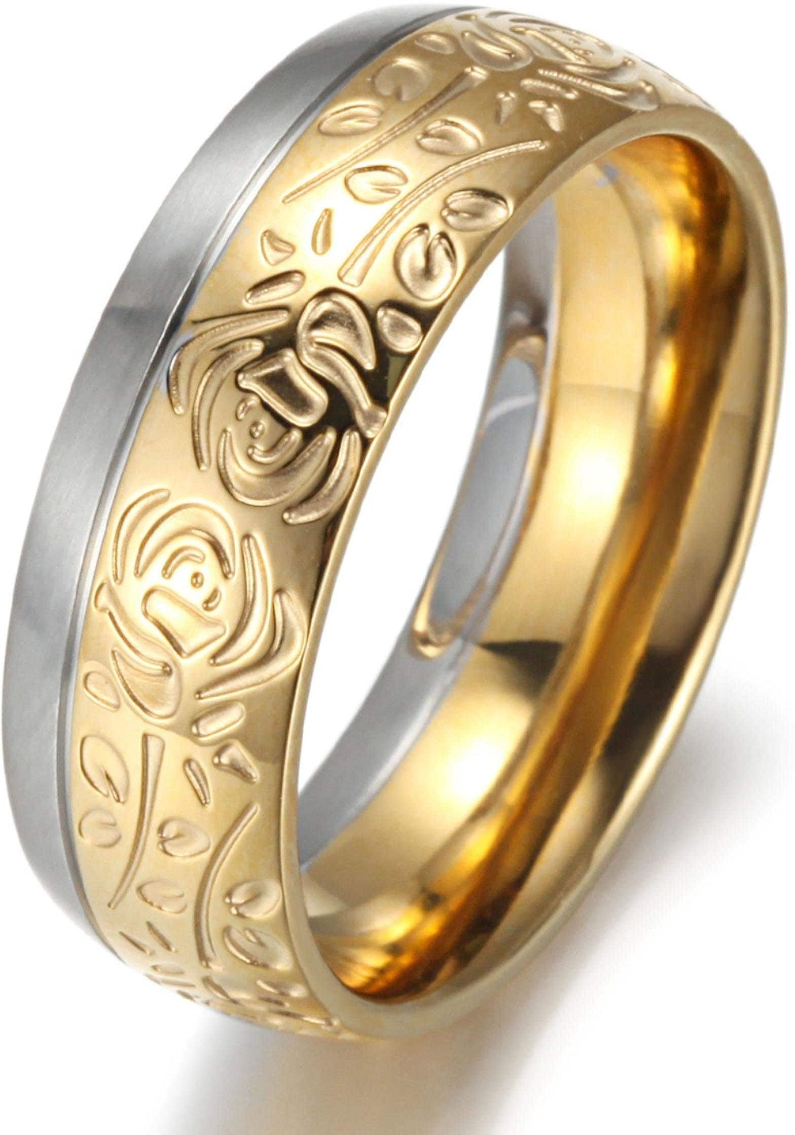 Trauring FIRETTI "Schmuck Geschenk "LIEBE" bicolor, ca. 8,00 mm breit" Gr. 56, gold (edelstahlfarben, gelbgoldfarben), Fingerringe, Damen, 56,mit Aussenstruktur, Edelstahl, 8mm, Trauring edelstahlfarben, gelbgoldfarben 56,mit Aussenstruktur, Edelstahl, 8m