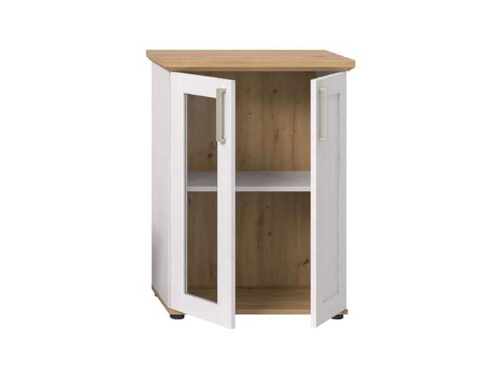 möbelando Vitrine >Verona< in Sibiu Lärche Nachbildung 1 Tür 1 Einlegeboden Wohnzimmer; Arbeitszimmer, Esszimmer, Jugendzimmer stehend- oder hängend montierbar, re./li. Montierbar 64x88x37 (BxHxT)