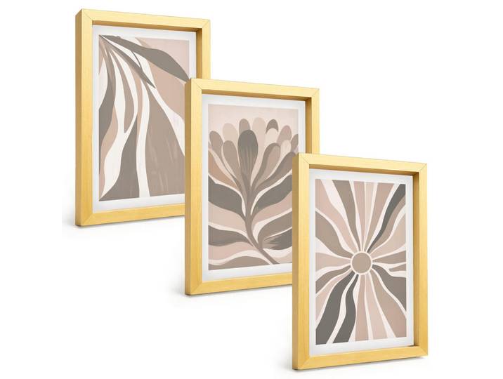 Tulup Bilder SET 3er Set - 20x30 cm Goldrahmen - Abstrakte Pflanzenmuster, Goldfarben, Kunststoff, Rechteckig, 20x30 cm, Fotografie, Bilder & Rahmen, Bilder
