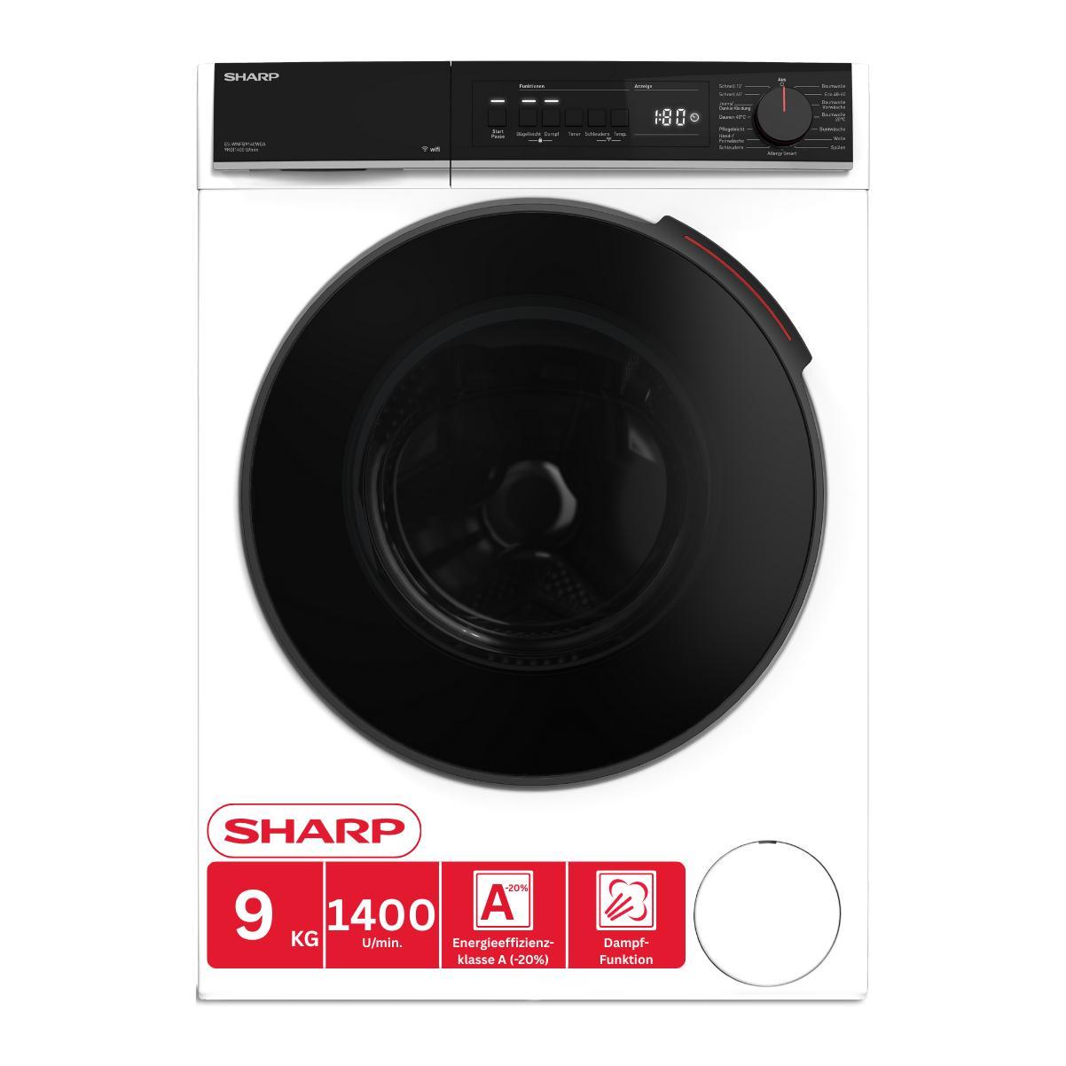 SHARP ES-WNFB914CWDA-DE Waschmaschine (9 kg, EEK A-20%, 1400 U/min.), (WiFi, Inverter Motor, Dampf, AquaStop), Weiß
