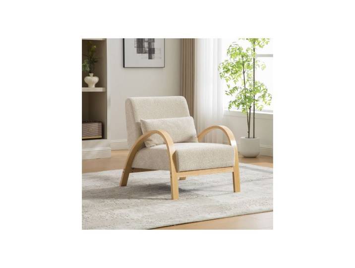 Fauteuil Lounge Scandinave-URTR-Tissu Chenille-Bois Massif-Confort Salon & Chambre-70x82x83.5cm-Beige