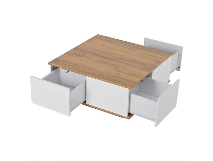 Table basse carrée blanche et aspect bois