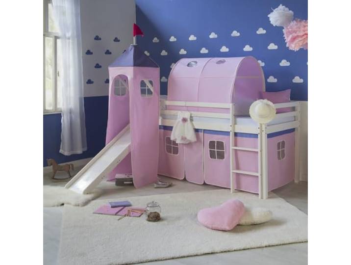 Homestyle4u 2555, Kinderhochbett Weiß 90 x 200cm Holz Kiefer rosa Hochbett Turm Tunnel Leiter Vorhang Rutsche Lattenrost