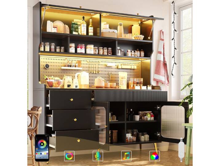 MODFU Hochschrank Schmaler LED-Sideboard 145x39x171 cm – inkl. Glasböden & Lochwand (Packung, 1-St., Stilvoller Wohn-Küchen-Schrank mit integrierter Beleuchtung) App-gesteuerter Stauraum-Schrank mit praktischer Schublade Schwarz