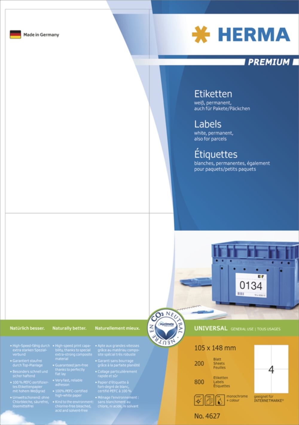 Herma 2627 Premium Universal-Etiketten 10.5x14.8 cm (200 Blatt (800 Etiketten))