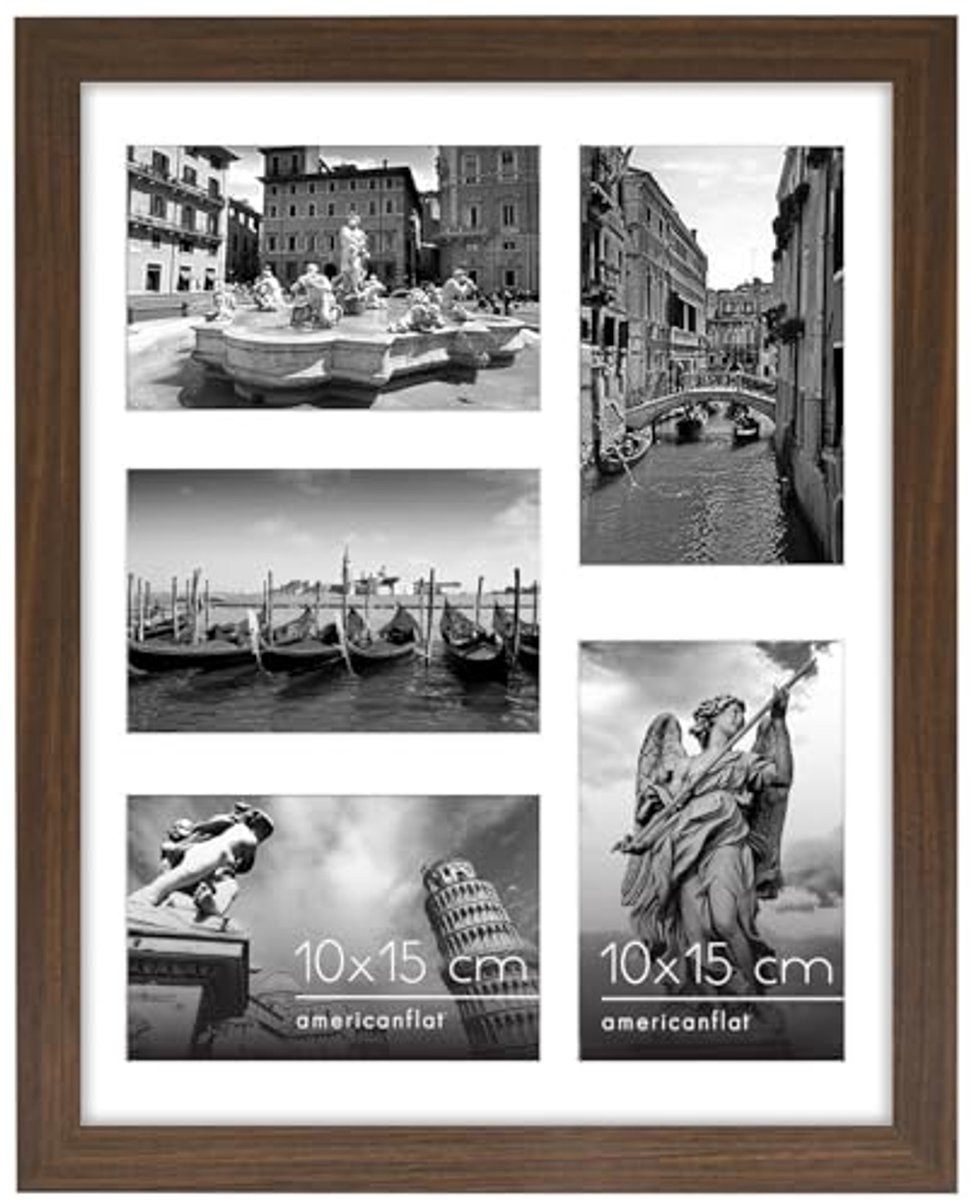Americanflat Collage Fotolijst Walnoot met vijf 4x6 displays en breukbestendig glas voor wandmontage, 11x14 inch