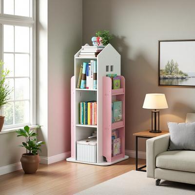 ZWYO HOSIMU "37.4"" 4-Tier Rotating Bookshelf with 360° Spinning Base, PVC Wood-Plastic Display Rack for Kids' Room & Study"