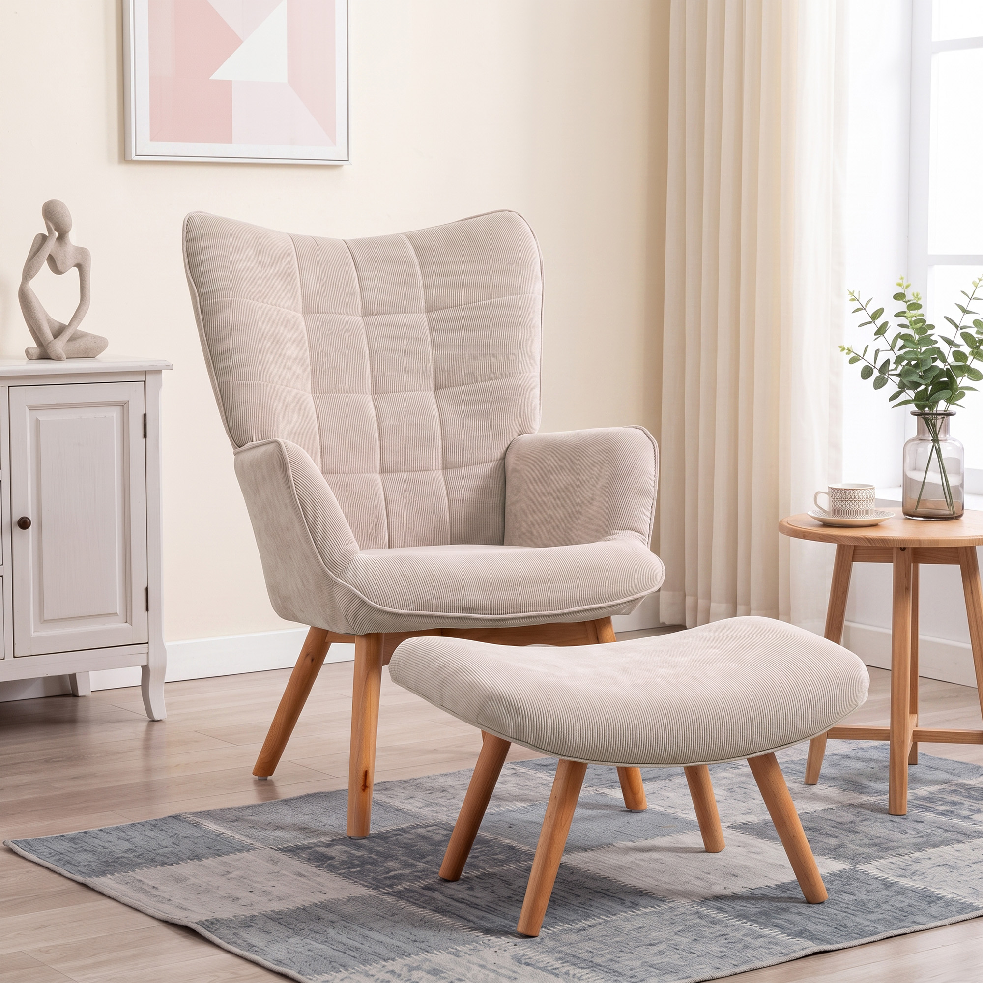 Homcom Poltrona Relax con Pouf Poggiapiedi in Velluto a Costine con Schienale Alto e Braccioli, Beige