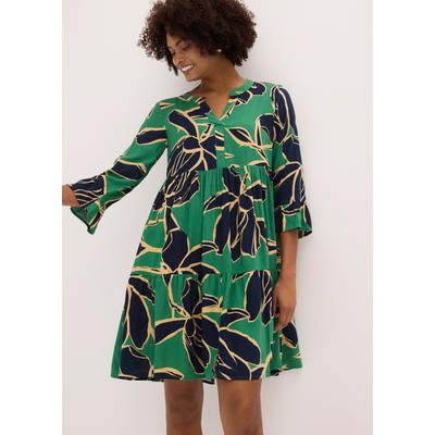 Tunikakleid BONPRIX, Damen, Gr. 46, N-Gr, opalgrün, dunkelblau floral, Web, Obermaterial: 100% Viskose, figurumspielend kniefrei, Kleider, figurumspielende Passform, mit trendigem Muster, Sommerkleid