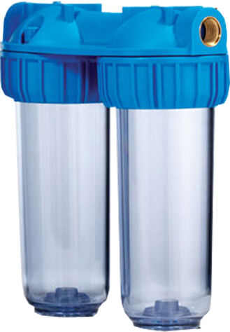 Contenitore Doppio Per 2 Filtri Acqua 10" In/out 1" Ottone Col. Trasparente