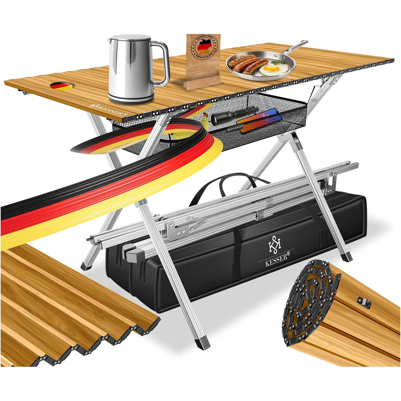 KESSER® Campingtisch faltbar Klapptisch mit Aluminiumrahmen Aufrollbare Tischplatte Falttisch klappbar inkl. Tragetasche mit Trageband & Netztasche, Holz-Optik