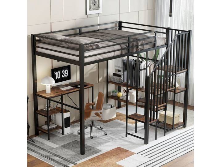 Lit Mezzanine - MERAX - 120x200 cm - Métal Noir - Bureau et Penderie - Design Compact
