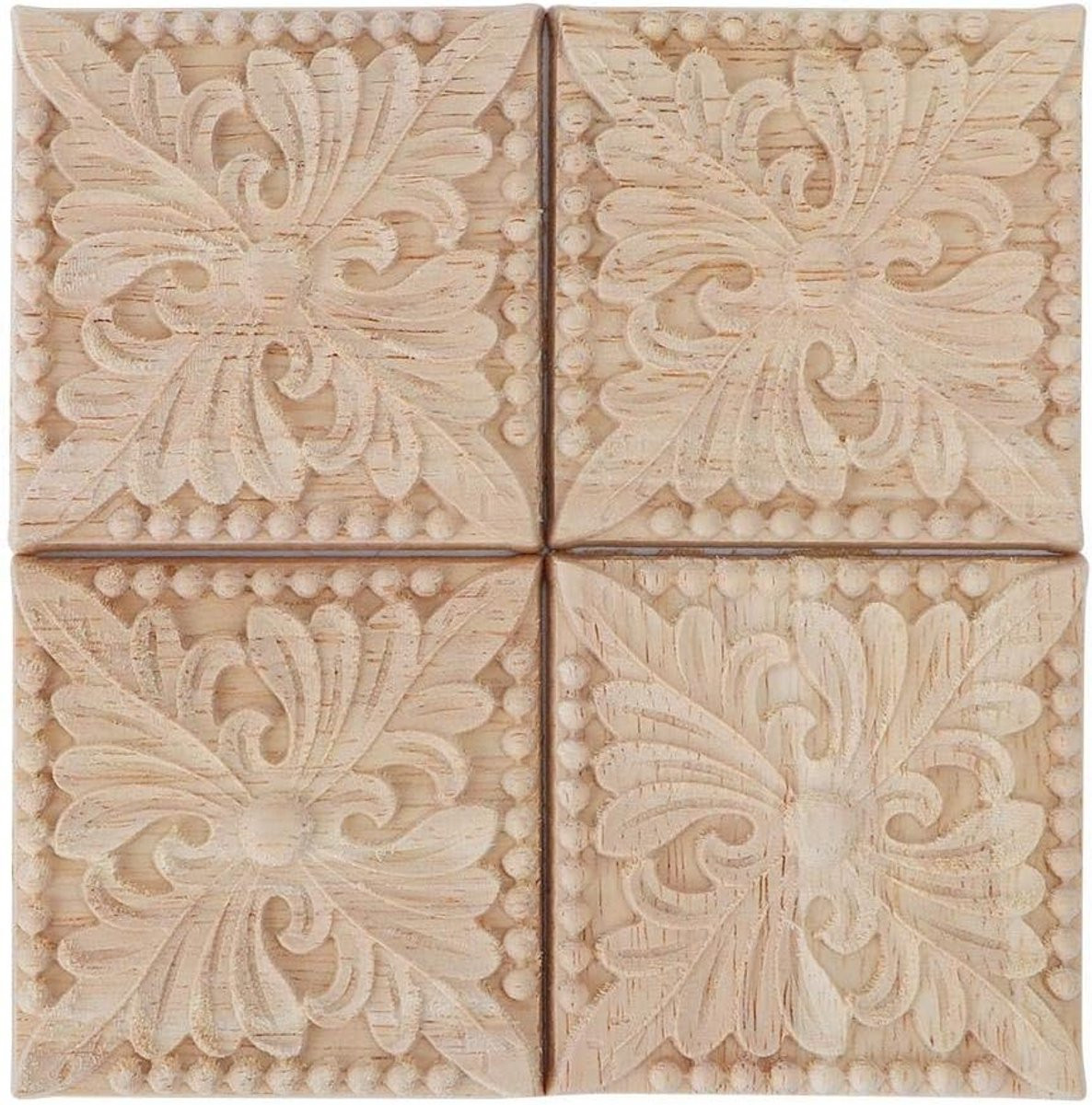 4 Stuks Houten Sierlijke Appliqués Vierkant Bloemdecoratie Onbehandeld voor Meubels B: 6 cm x B: 6 cm