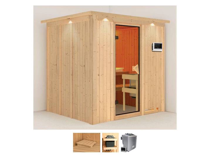 Sauna KARIBU Sodin , beige (naturbelassen), Saunaofen, externe Steuerung, 9 kW, Saunen, Sauna, Ofen 9 KW externe Strg easy