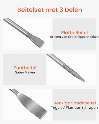VEVOR SDS Plus beitelset, 3-delig, zilverkleurige beitels van roestvrij staal voor sloop- en renovatiewerkzaamheden