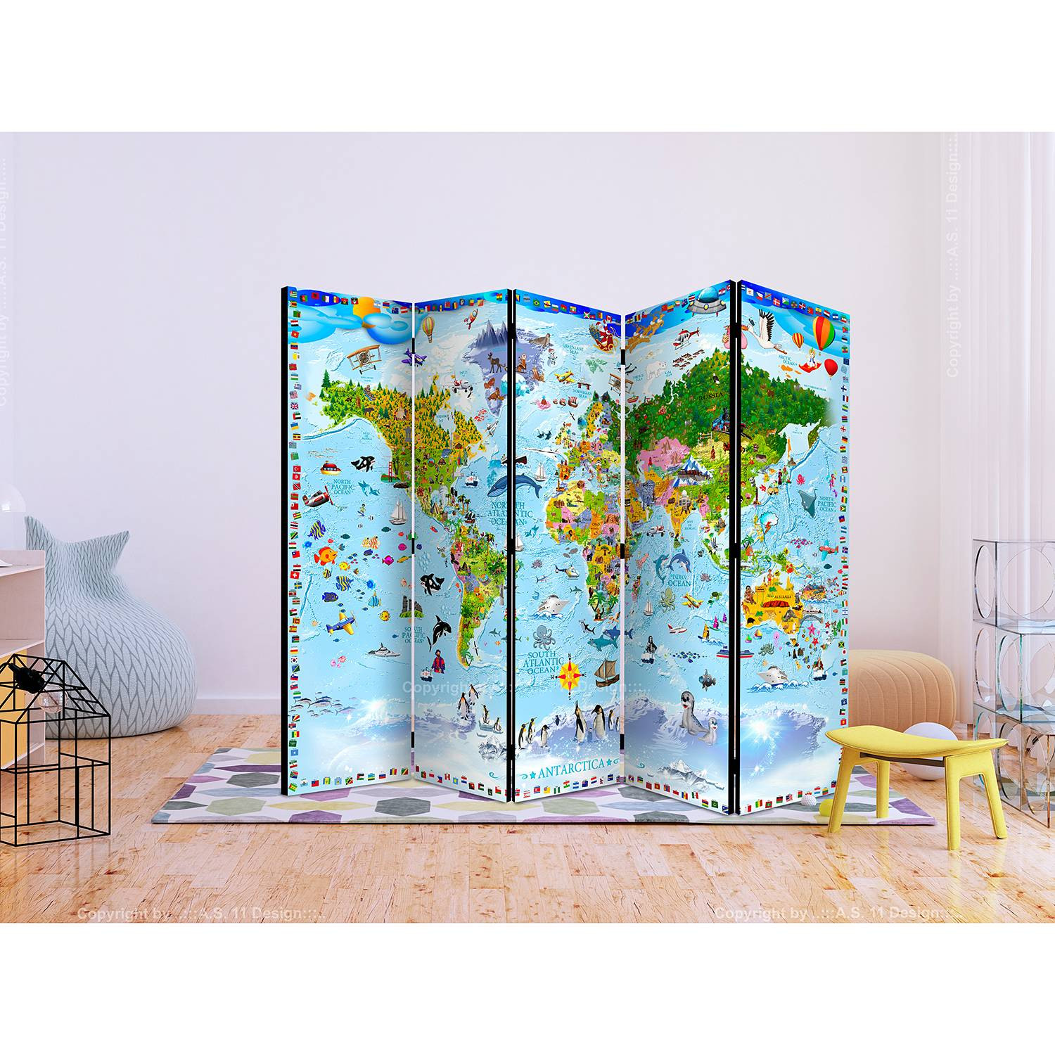 home24 Kamerscherm World Map Kids II, 5-delig, vlies op onbehandeld massief grenenhout, multicolor, B 225 x H 172 cm