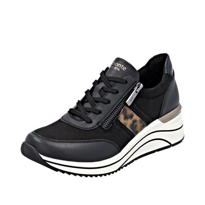 Keilsneaker REMONTE, Damen, Gr. 43, Textil, schwarz (schwarz, leo), Lederimitat, Textil, Schuhe, Schnürschuh, Halbschuh, Freizeitsneaker in veganer Verarbeitung