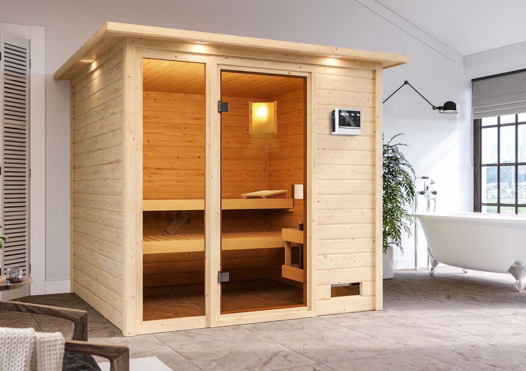 KARIBUHOLZT Sauna Jutta Front, 9kW Bio extern, m.Dachkranz 16880528