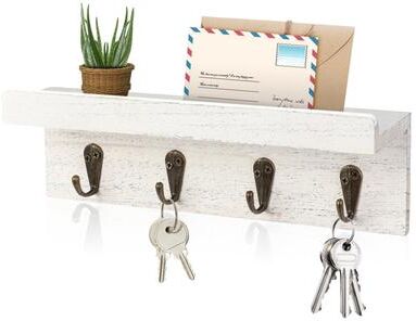 Perfect Picks Market Rustic Key Holder For Wall With Floating Shelf & Hooks Farmhouse Entryway Organizer white
